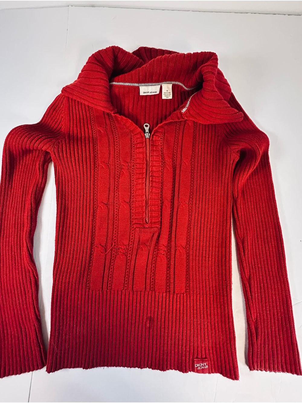 DKNY Red Ribbed Half-Zip Cowl Neck Sweater